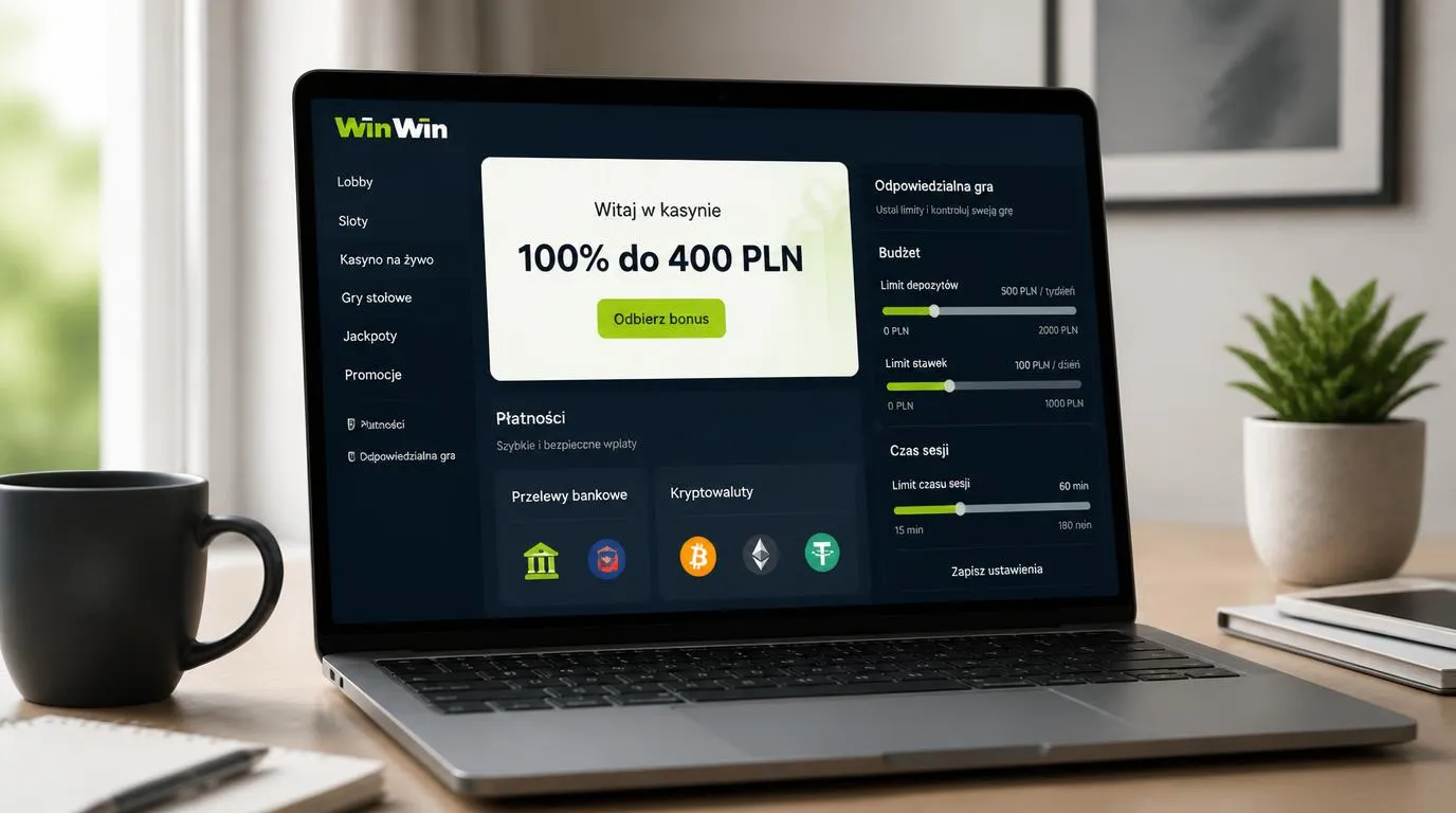 Ekran oferty 100% do 400 PLN z ikonami płatności bankowych, kryptowalut i ustawieniami limitów gry