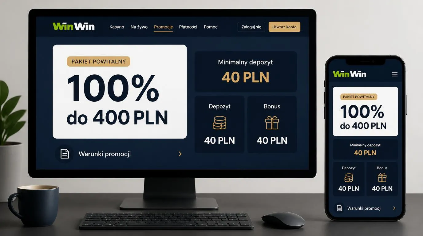 Panel bonusu powitalnego 100% do 400 PLN z minimalnym depozytem 40 PLN i przykładem naliczenia bonusu